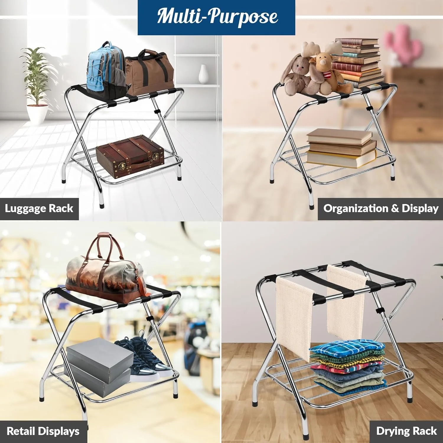Luggage Rack-Single Tier, Black, Fully Asssembled, Foldable Rack for Guest Room (Double Rack Chrome)