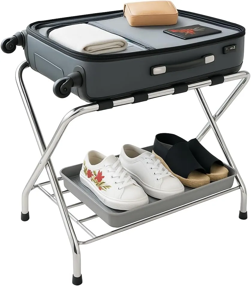 Luggage Rack-Single Tier, Black, Fully Asssembled, Foldable Rack for Guest Room (Double Rack Chrome)