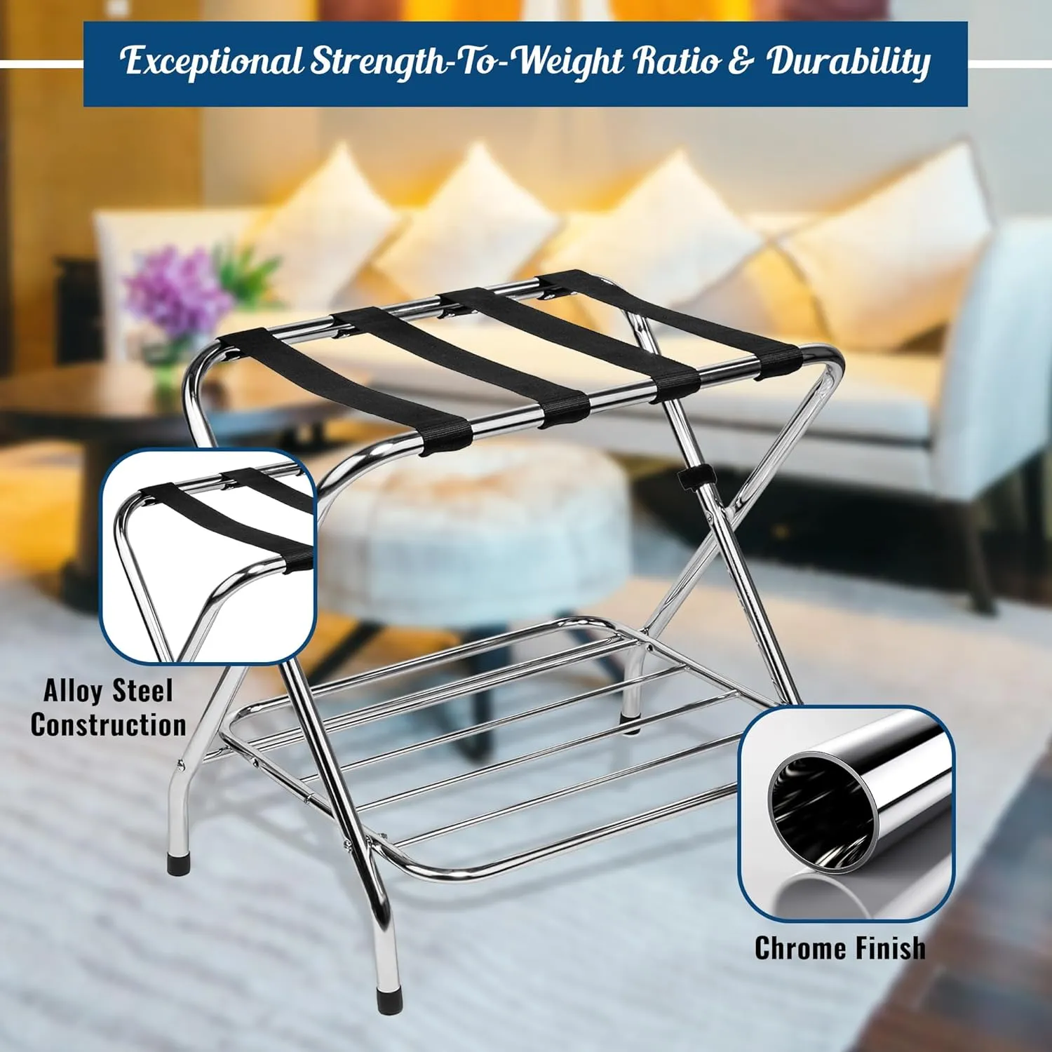 Luggage Rack-Single Tier, Black, Fully Asssembled, Foldable Rack for Guest Room (Double Rack Chrome)