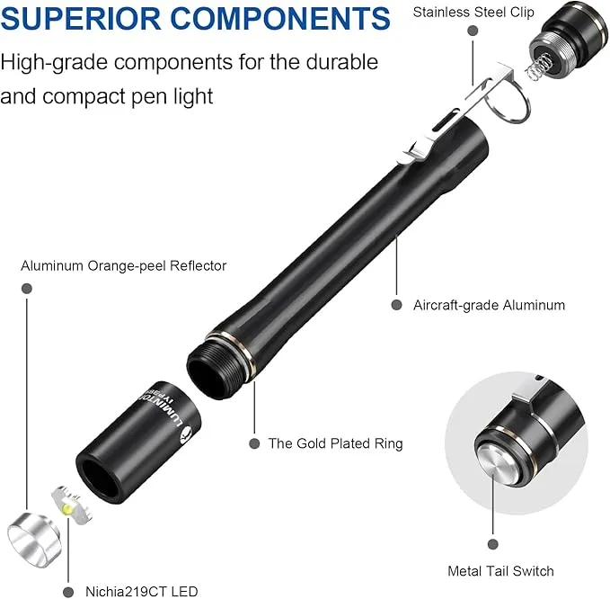LUMINTOP Pen Light IYP365 Nichia High Color Rendering LED Flashlight, Pen Lights for Nurses, AAA Flashlight, Penlights for Doctors Diagnostic, Inspection, 3 Modes IP68 Waterproof