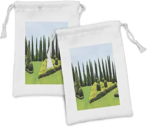 Lunarable Garden Fabric Pouch Set of 2, Classic Formal Designed Garden Evergreen Shrubs Boxwood Topiaries Picture, Small Drawstring Bag for Toiletries Masks and Favors, 9" x 6", Pale Blue Green