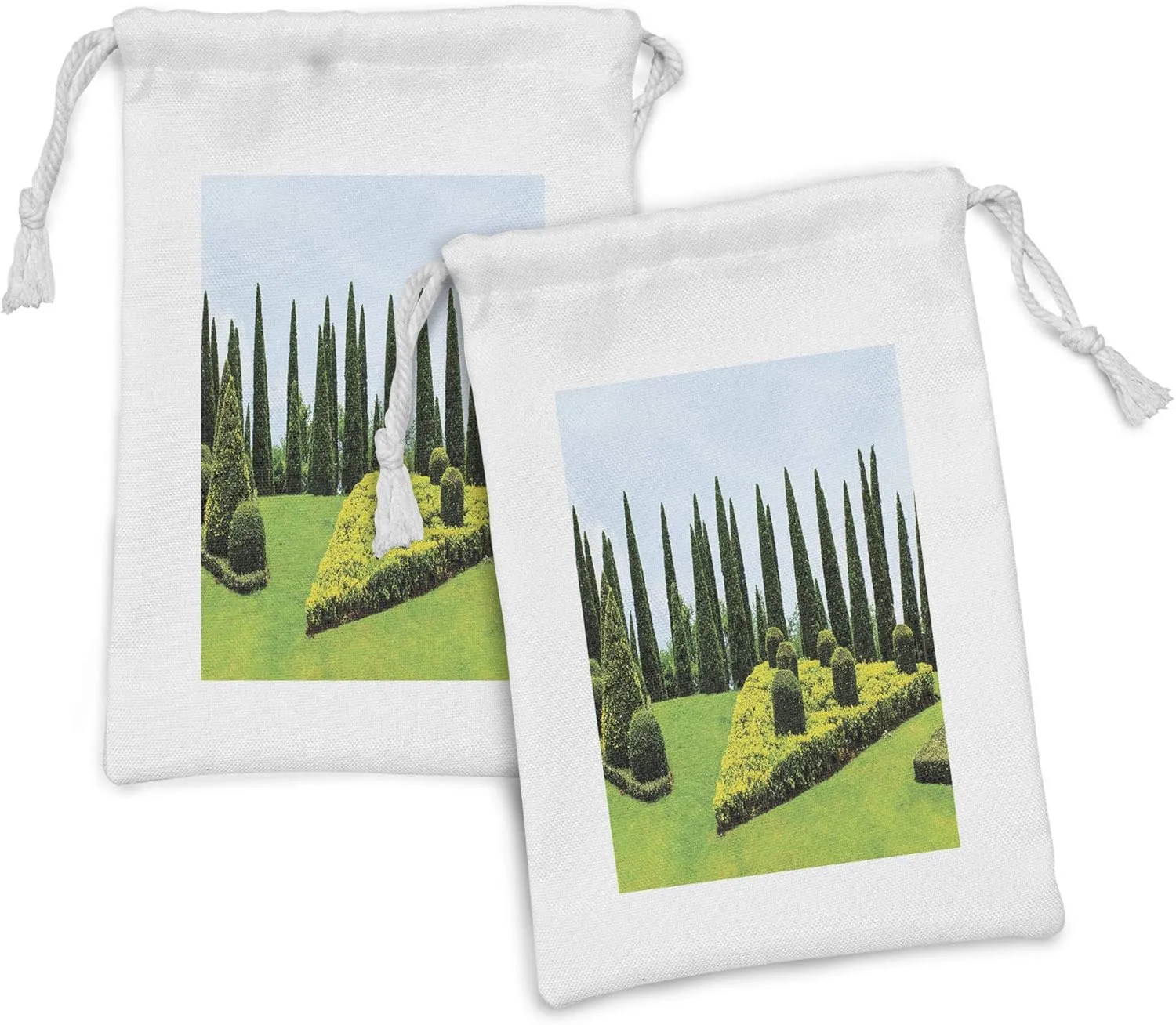 Lunarable Garden Fabric Pouch Set of 2, Classic Formal Designed Garden Evergreen Shrubs Boxwood Topiaries Picture, Small Drawstring Bag for Toiletries Masks and Favors, 9" x 6", Pale Blue Green