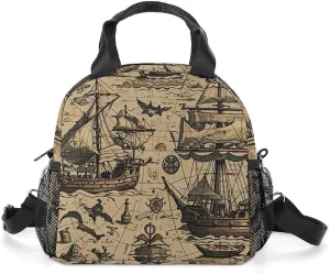 Lunch Bag with Shoulder Strap Insulated Lunch Box Leakproof Lunch Cooler Bag Treasure Map Maritime Pirate Lunch Tote Bag for Women Men Reusable Lunchbox for Work Picnic Beach