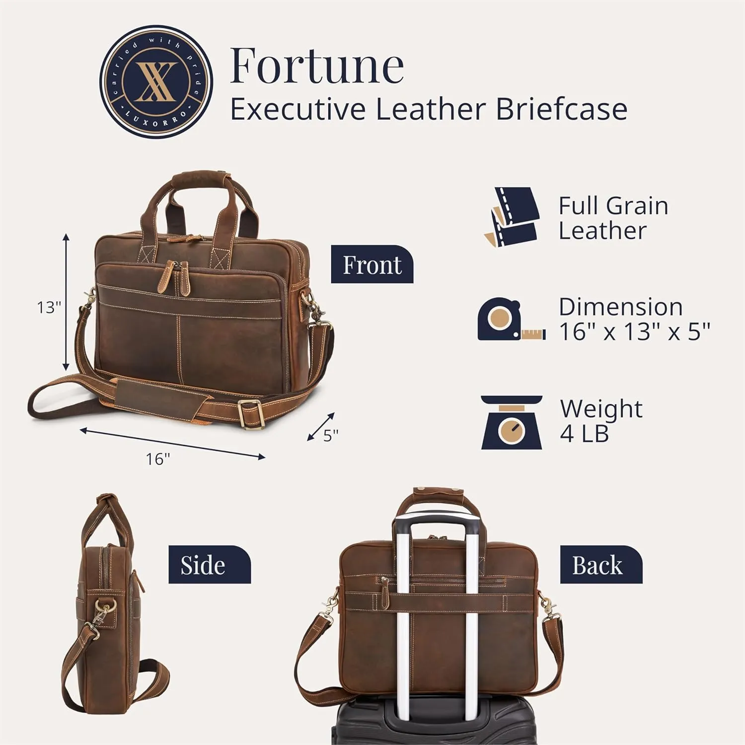 Luxorro Full-Grain Leather Briefcase for Men - Laptop Bag with Leather Computer Compartment
