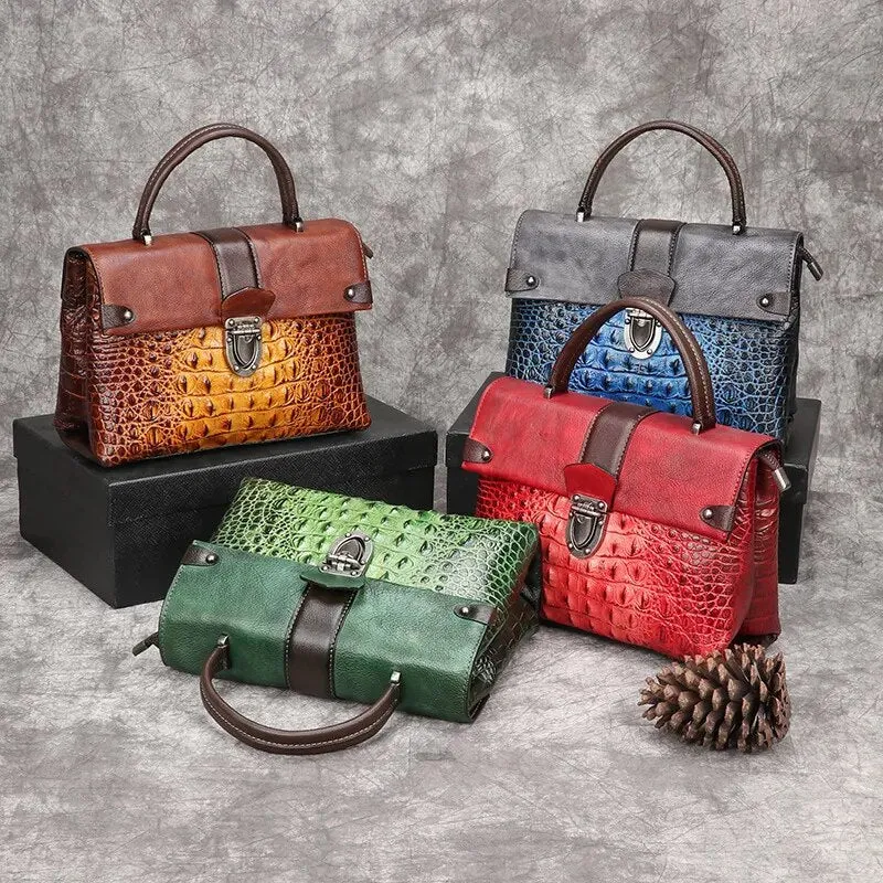 Madeleine Croc Embossed Leather Handbag Satchel Crossbody Bag - One Size