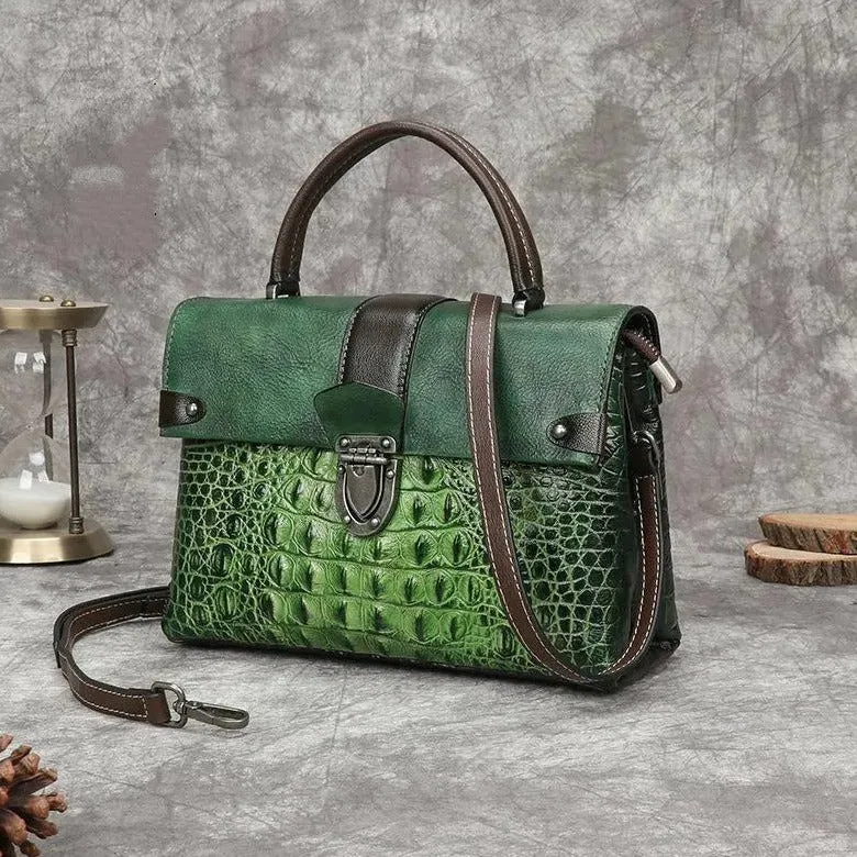 Madeleine Croc Embossed Leather Handbag Satchel Crossbody Bag - One Size