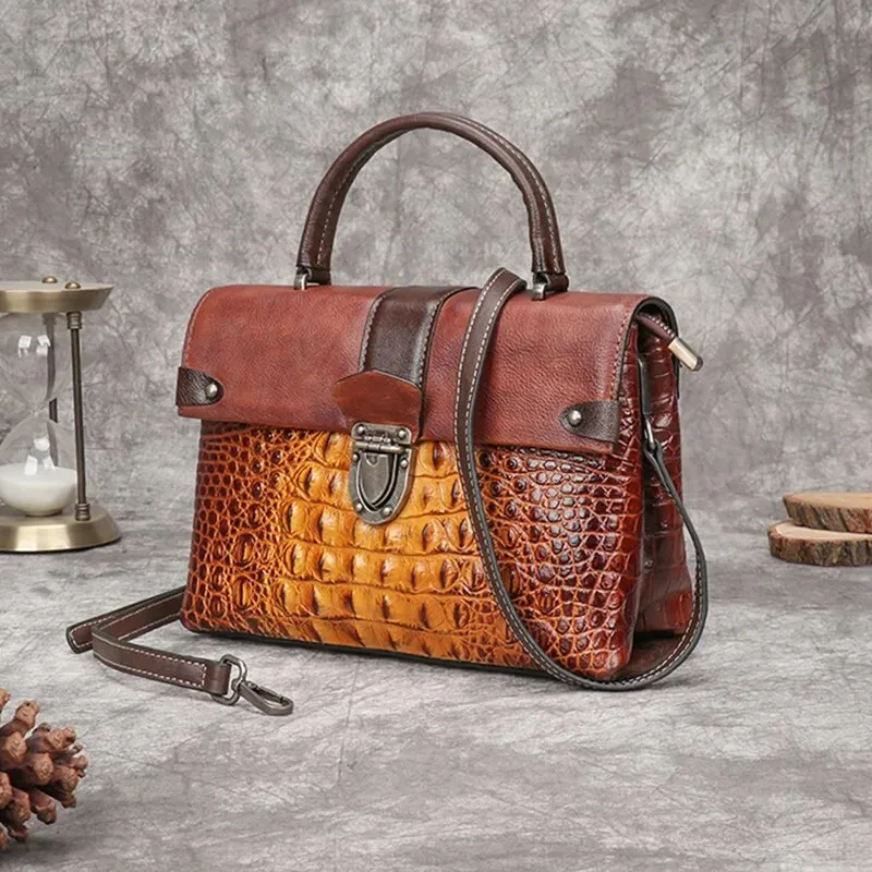 Madeleine Croc Embossed Leather Handbag Satchel Crossbody Bag - One Size