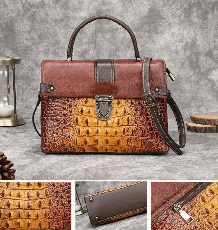 Madeleine Croc Embossed Leather Handbag Satchel Crossbody Bag - One Size