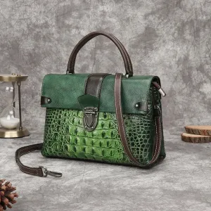 Madeleine Croc Embossed Leather Handbag Satchel Crossbody Bag - One Size