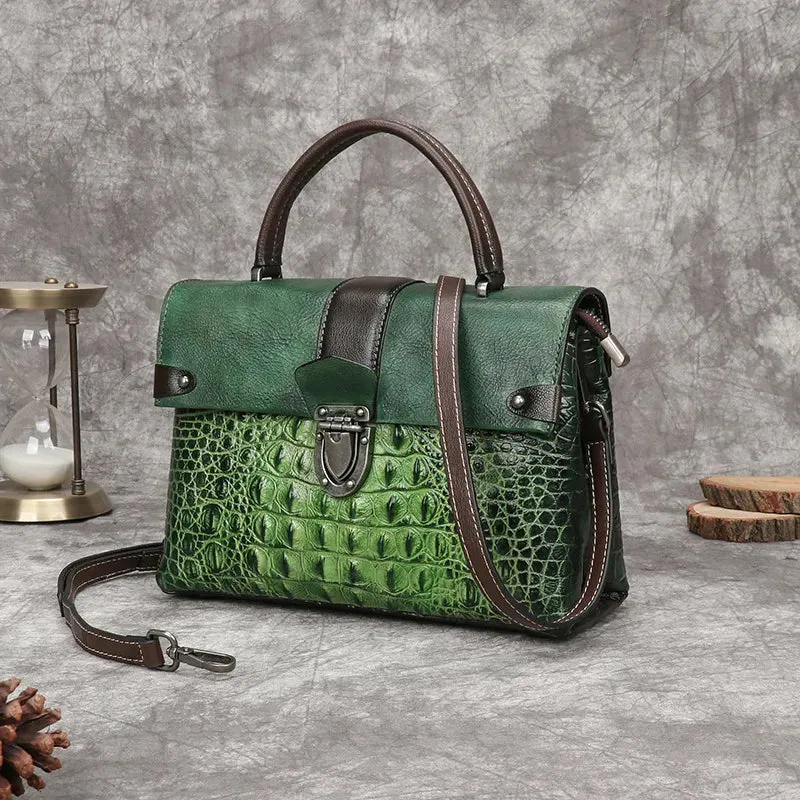 Madeleine Croc Embossed Leather Handbag Satchel Crossbody Bag - One Size