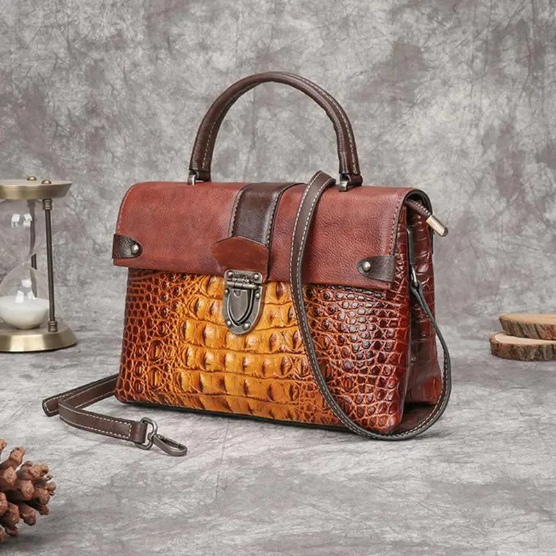 Madeleine Croc Embossed Leather Handbag Satchel Crossbody Bag - One Size