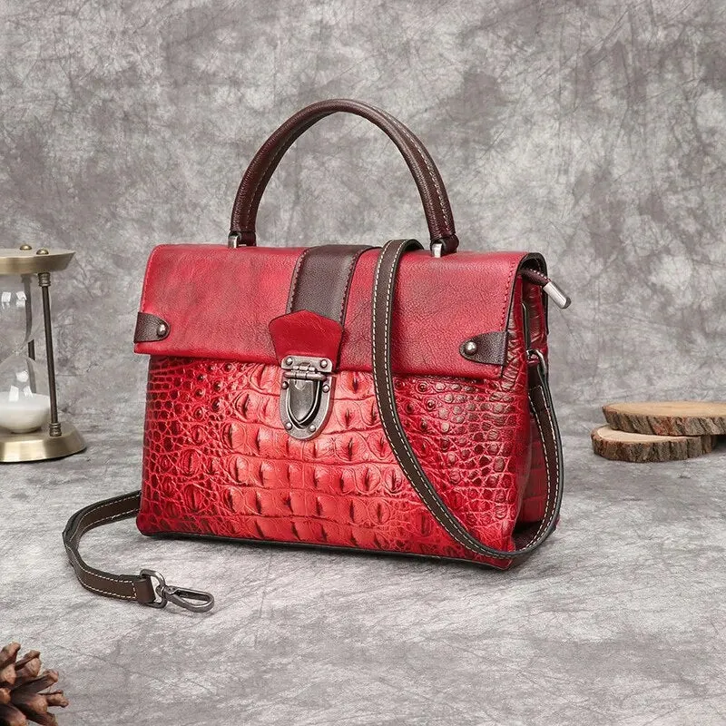 Madeleine Croc Embossed Leather Handbag Satchel Crossbody Bag - One Size