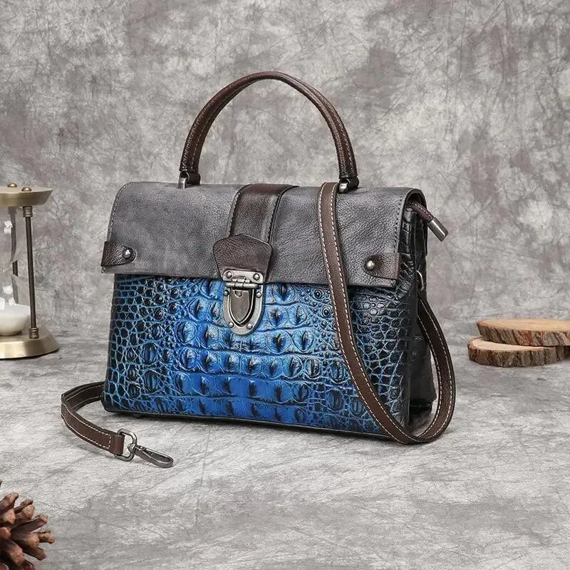 Madeleine Croc Embossed Leather Handbag Satchel Crossbody Bag - One Size