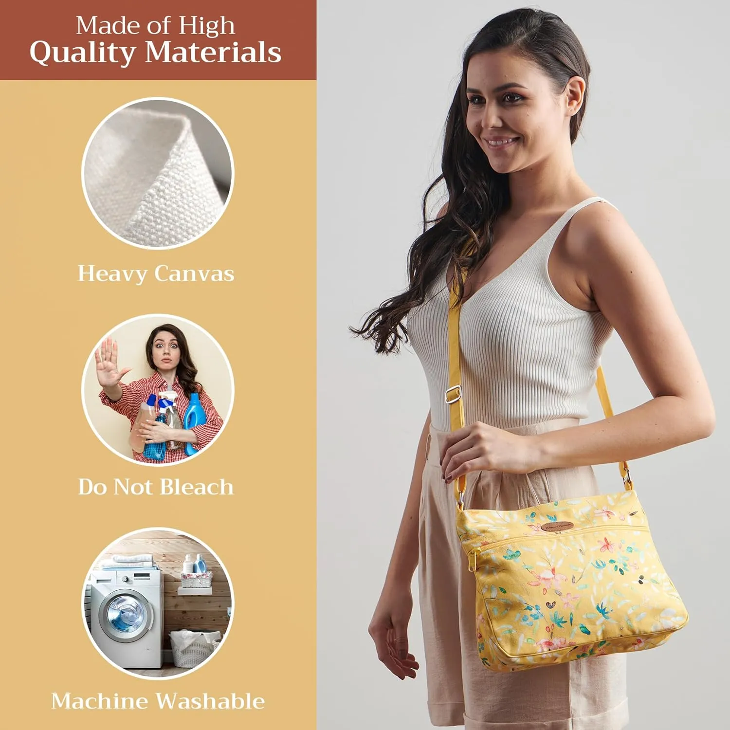 Maison d' Hermine Cross Body Bag Cotton Adjustable Shoulder Strap Hand Bag Tote purse with Zippered & Slip Pockets