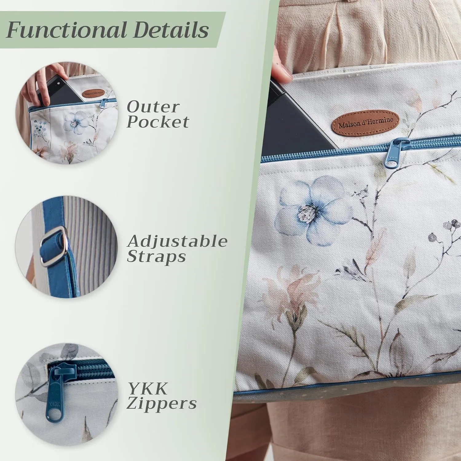 Maison d' Hermine Cross Body Bag Cotton Adjustable Shoulder Strap Hand Bag Tote purse with Zippered & Slip Pockets