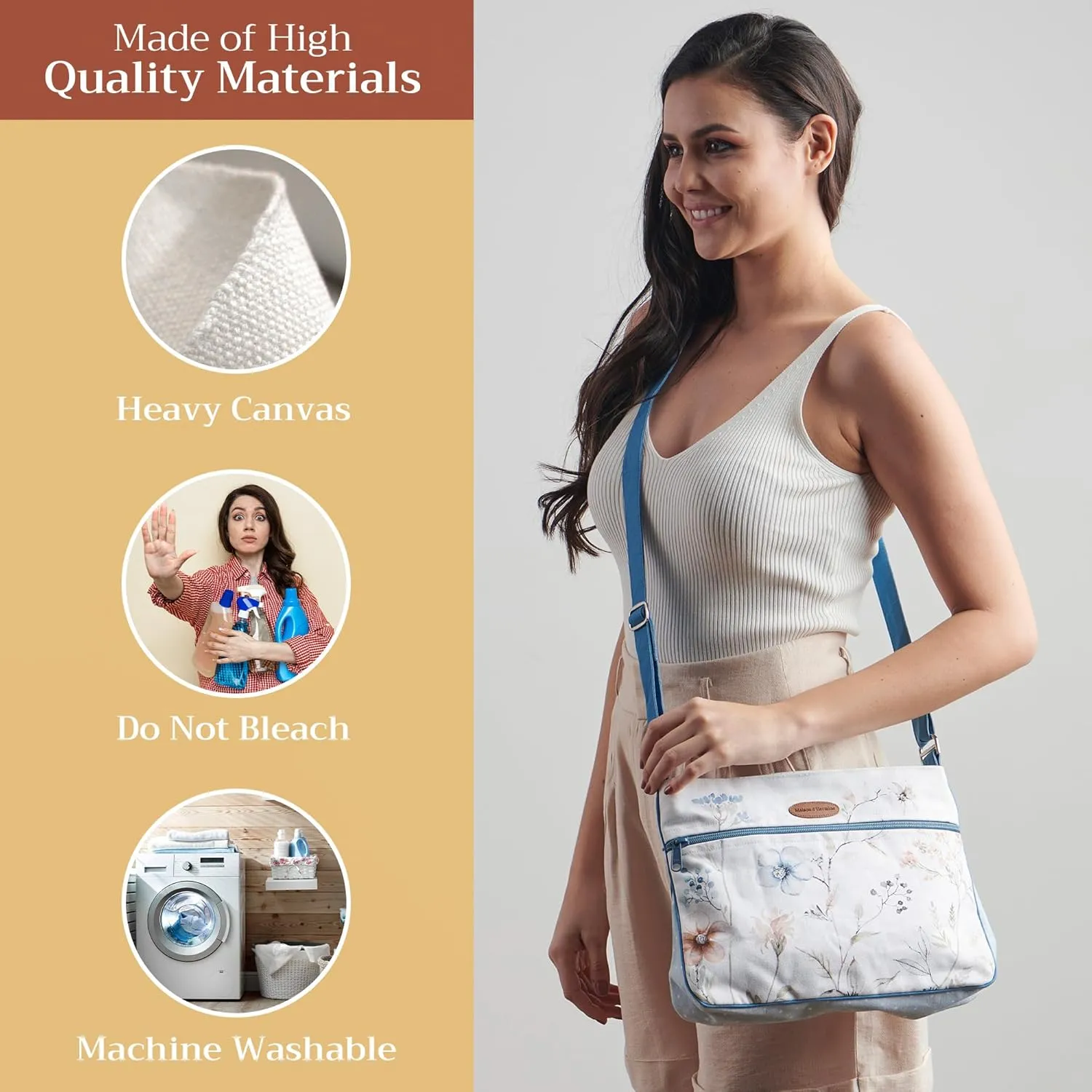 Maison d' Hermine Cross Body Bag Cotton Adjustable Shoulder Strap Hand Bag Tote purse with Zippered & Slip Pockets