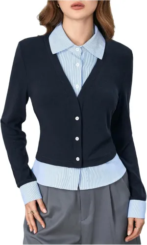 MakeMeChic Women's Striped Print Rib Knitted Long Sleeve Collar Neck Button Down Shirt Blouse Tops