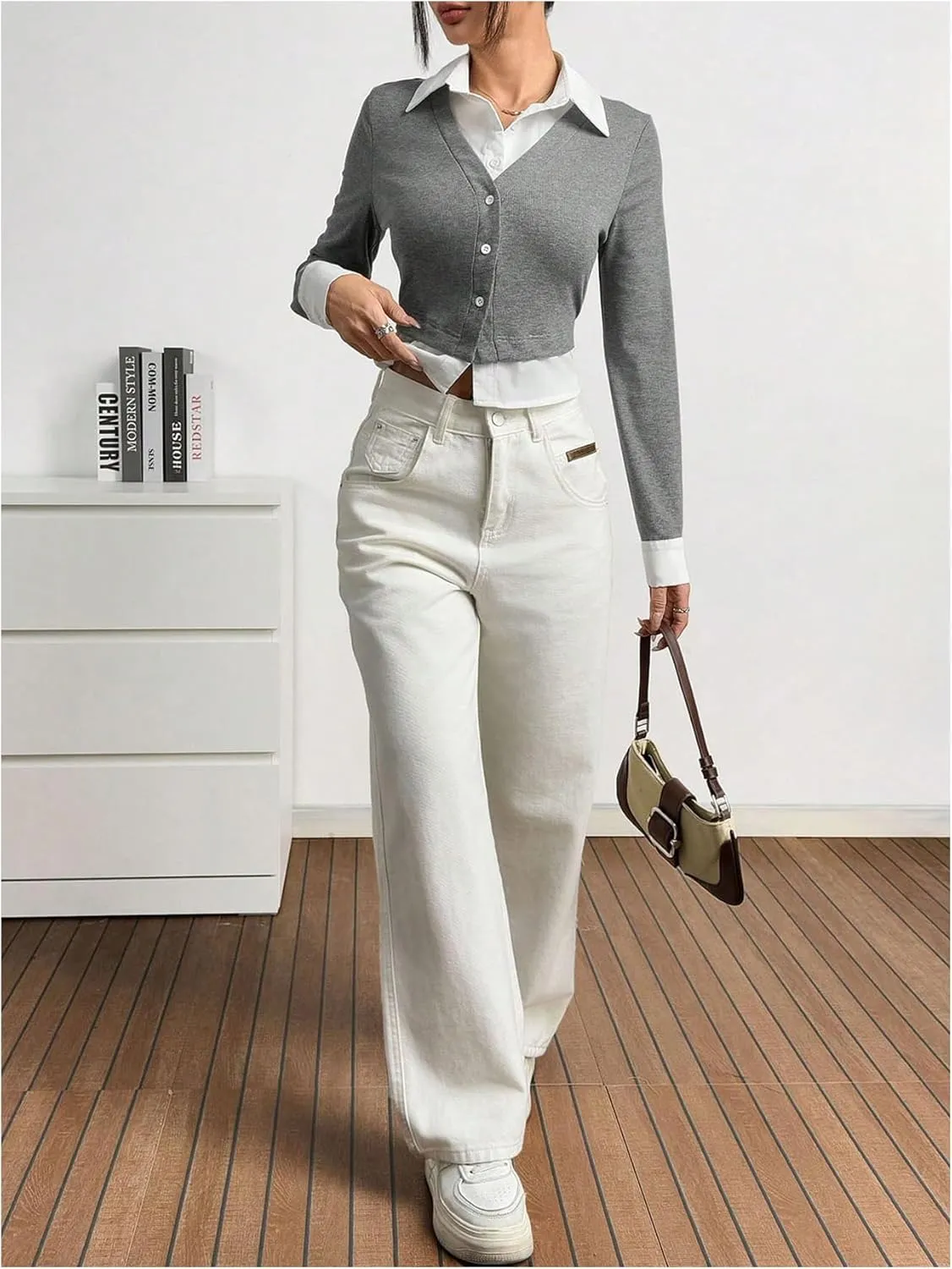 MakeMeChic Women's Striped Print Rib Knitted Long Sleeve Collar Neck Button Down Shirt Blouse Tops