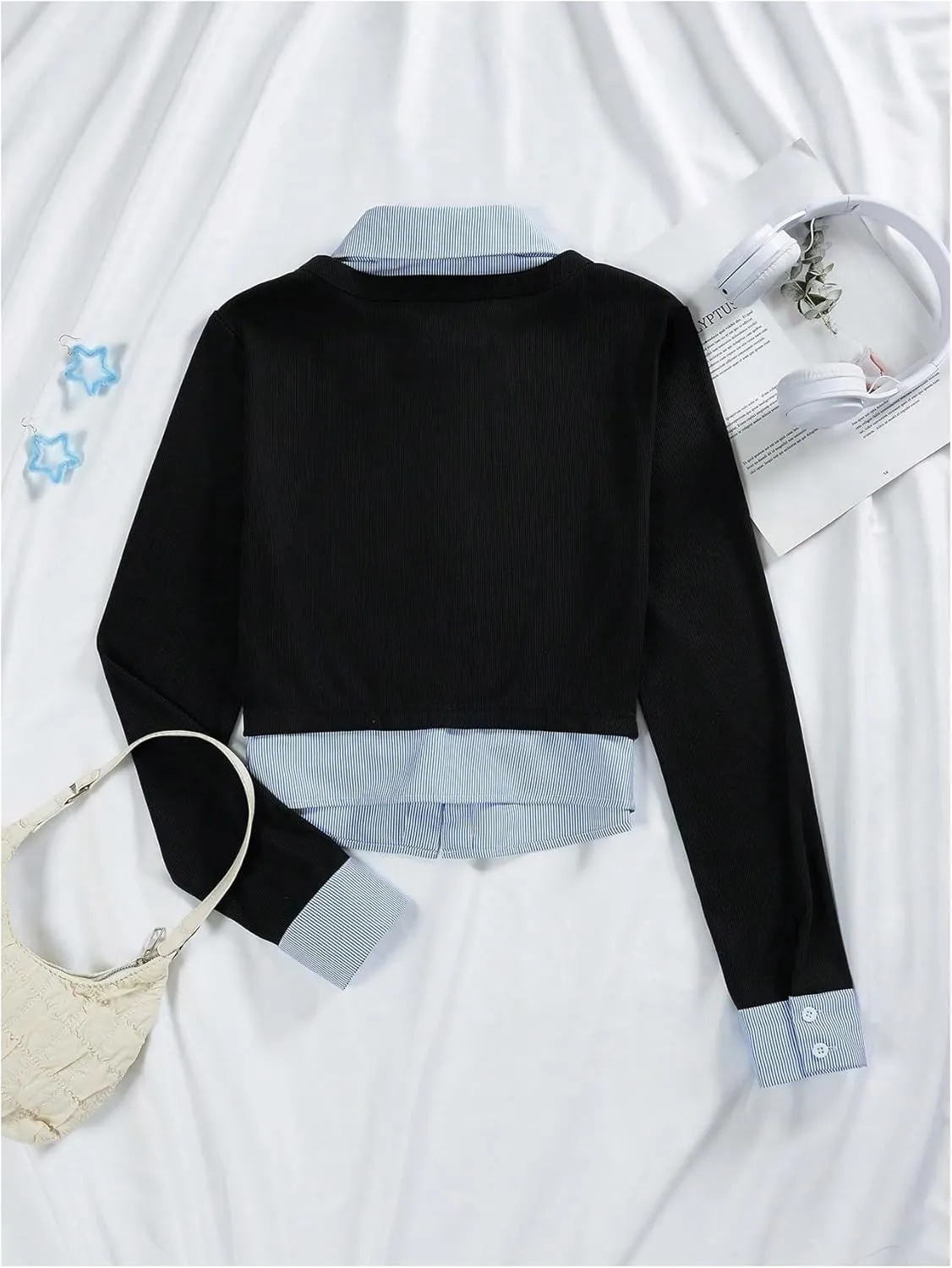 MakeMeChic Women's Striped Print Rib Knitted Long Sleeve Collar Neck Button Down Shirt Blouse Tops