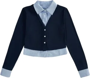 MakeMeChic Women's Striped Print Rib Knitted Long Sleeve Collar Neck Button Down Shirt Blouse Tops