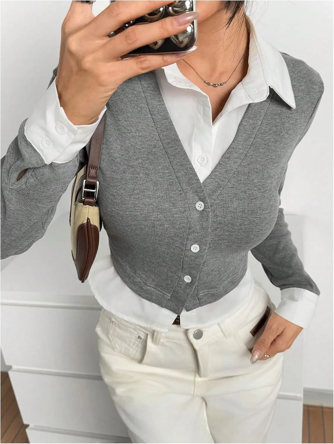 MakeMeChic Women's Striped Print Rib Knitted Long Sleeve Collar Neck Button Down Shirt Blouse Tops