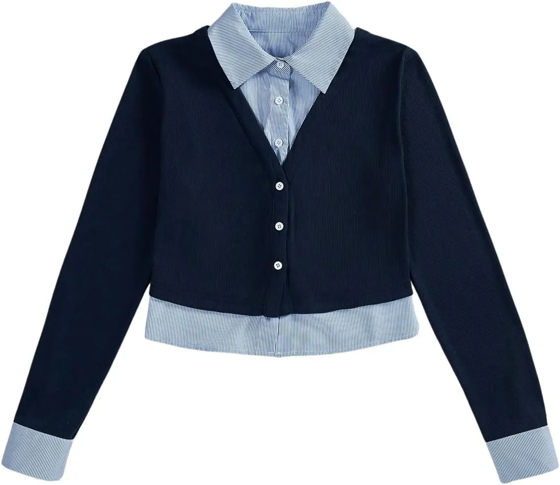 MakeMeChic Women's Striped Print Rib Knitted Long Sleeve Collar Neck Button Down Shirt Blouse Tops
