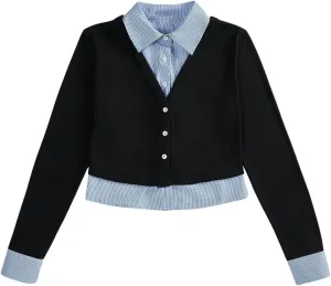 MakeMeChic Women's Striped Print Rib Knitted Long Sleeve Collar Neck Button Down Shirt Blouse Tops