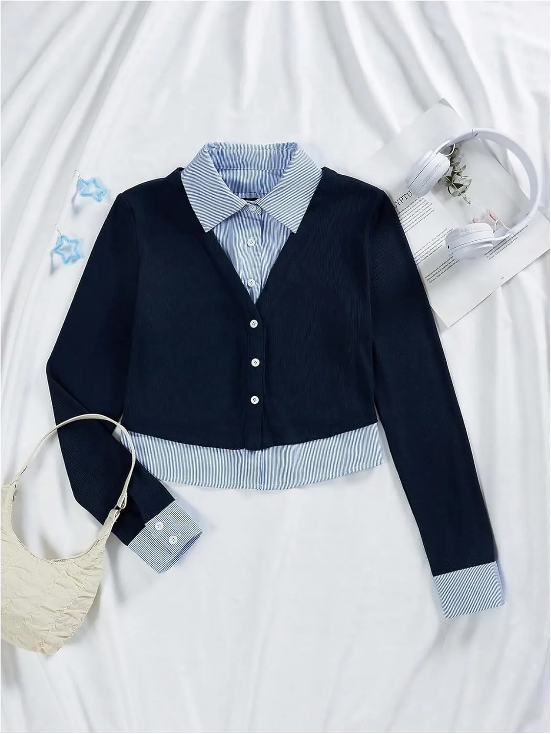 MakeMeChic Women's Striped Print Rib Knitted Long Sleeve Collar Neck Button Down Shirt Blouse Tops