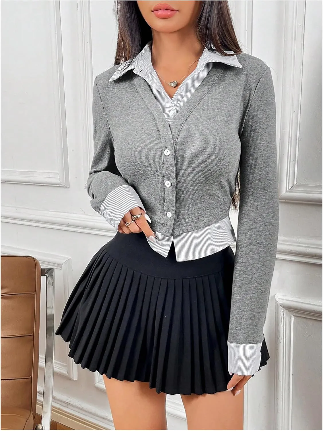 MakeMeChic Women's Striped Print Rib Knitted Long Sleeve Collar Neck Button Down Shirt Blouse Tops