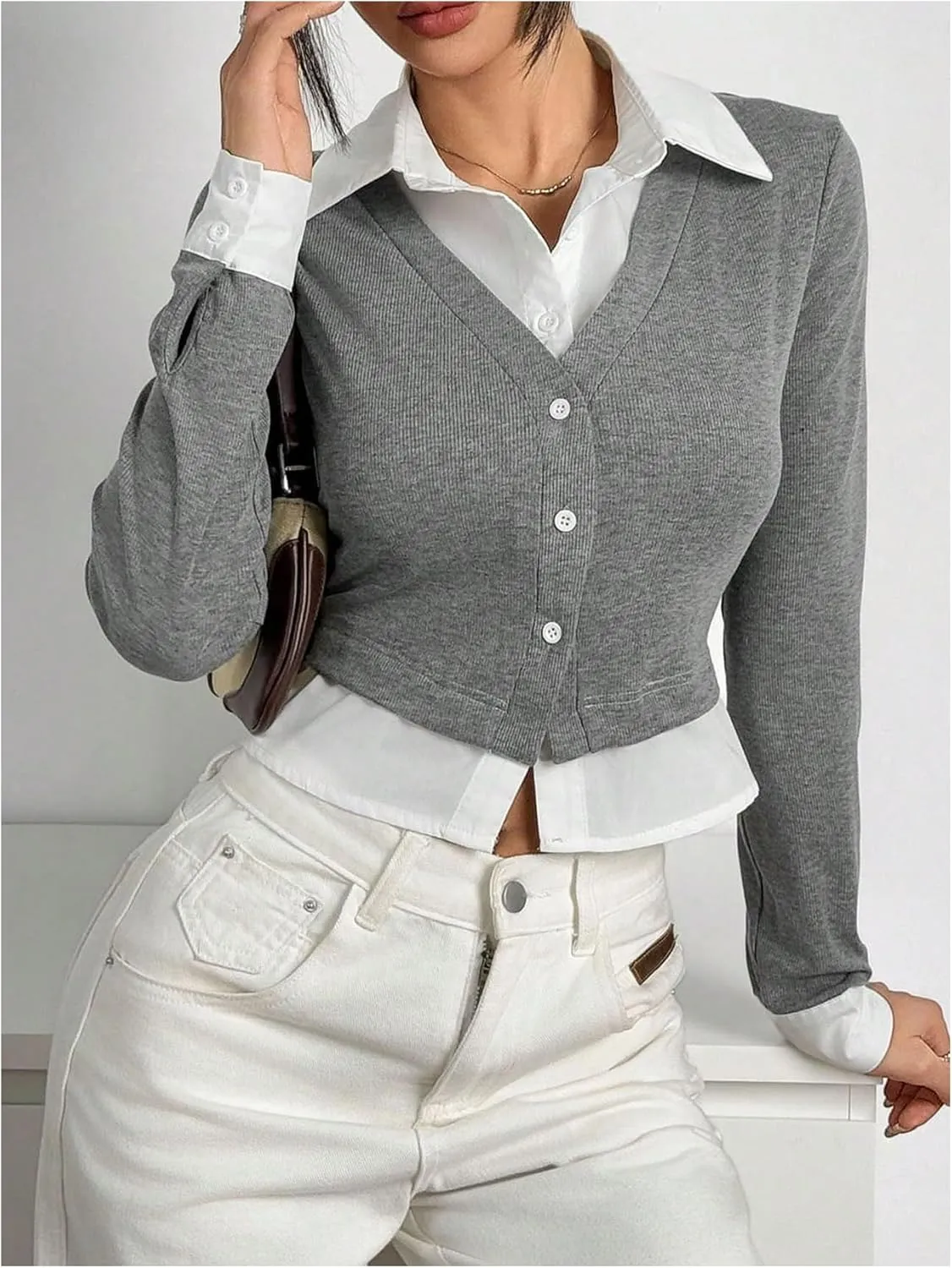 MakeMeChic Women's Striped Print Rib Knitted Long Sleeve Collar Neck Button Down Shirt Blouse Tops