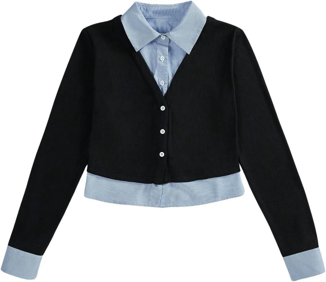 MakeMeChic Women's Striped Print Rib Knitted Long Sleeve Collar Neck Button Down Shirt Blouse Tops