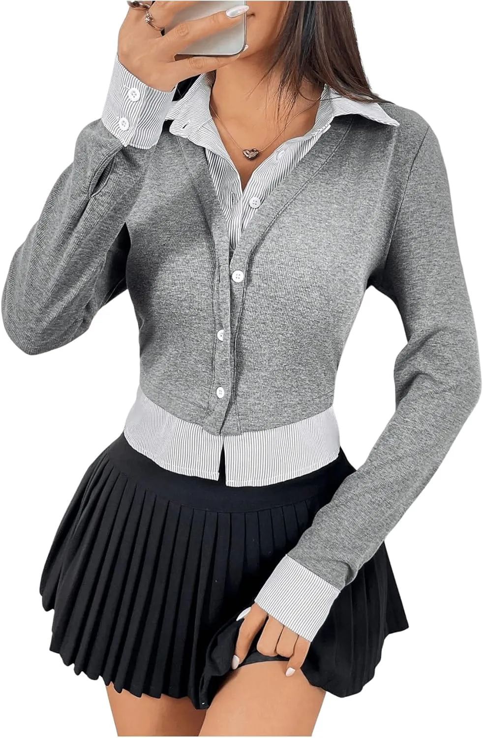 MakeMeChic Women's Striped Print Rib Knitted Long Sleeve Collar Neck Button Down Shirt Blouse Tops