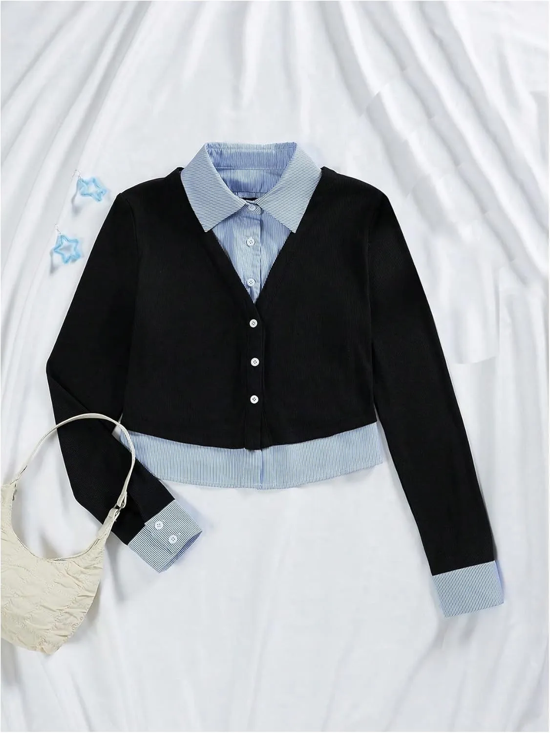 MakeMeChic Women's Striped Print Rib Knitted Long Sleeve Collar Neck Button Down Shirt Blouse Tops