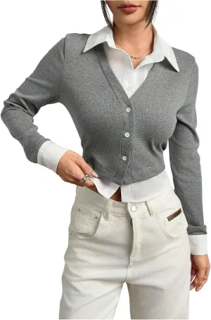 MakeMeChic Women's Striped Print Rib Knitted Long Sleeve Collar Neck Button Down Shirt Blouse Tops
