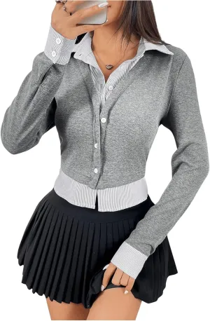MakeMeChic Women's Striped Print Rib Knitted Long Sleeve Collar Neck Button Down Shirt Blouse Tops