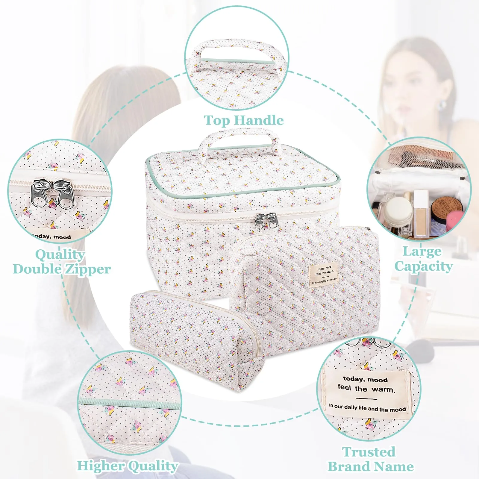 Makeup Bag Set, Quilted Makeup Bag, Large Floral Cosmetic Bag for Women, Cute Cotton Makeup Bag, Flower Travel Toiletry Organizer Bag (Flower)