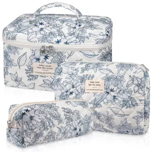 Makeup Bag Set, Quilted Makeup Bag, Large Floral Cosmetic Bag for Women, Cute Cotton Makeup Bag, Flower Travel Toiletry Organizer Bag. (Navy Blue)