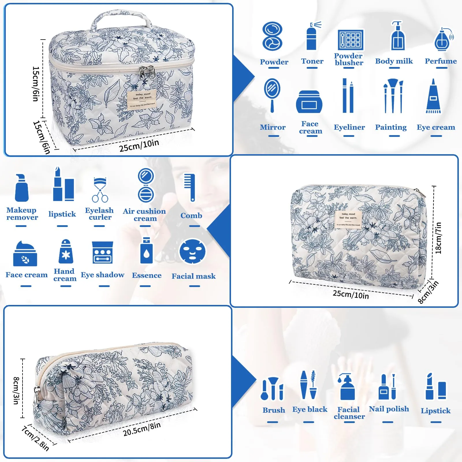 Makeup Bag Set, Quilted Makeup Bag, Large Floral Cosmetic Bag for Women, Cute Cotton Makeup Bag, Flower Travel Toiletry Organizer Bag. (Navy Blue)
