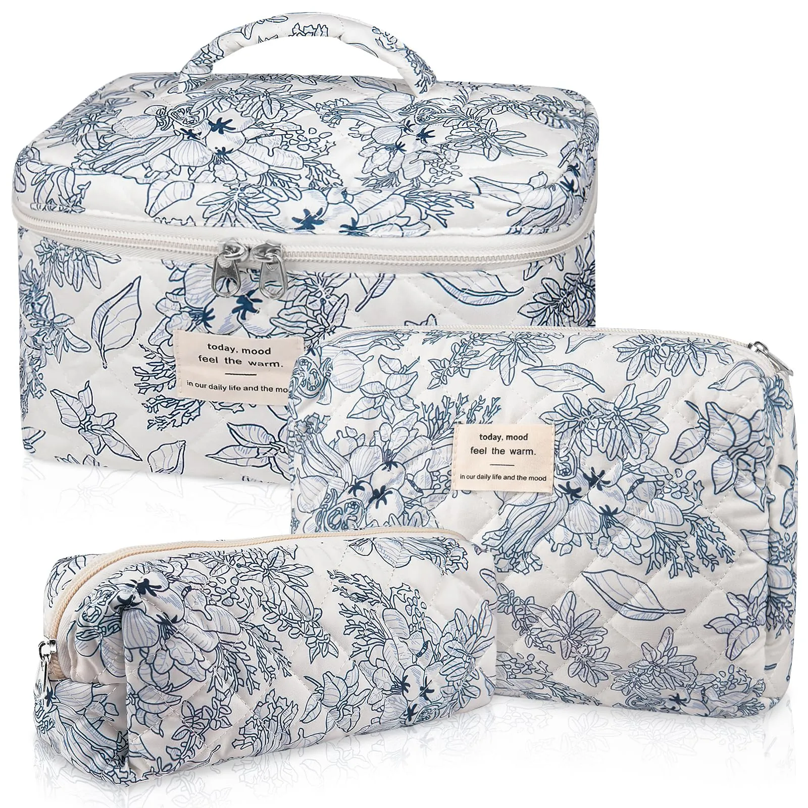 Makeup Bag Set, Quilted Makeup Bag, Large Floral Cosmetic Bag for Women, Cute Cotton Makeup Bag, Flower Travel Toiletry Organizer Bag. (Navy Blue)