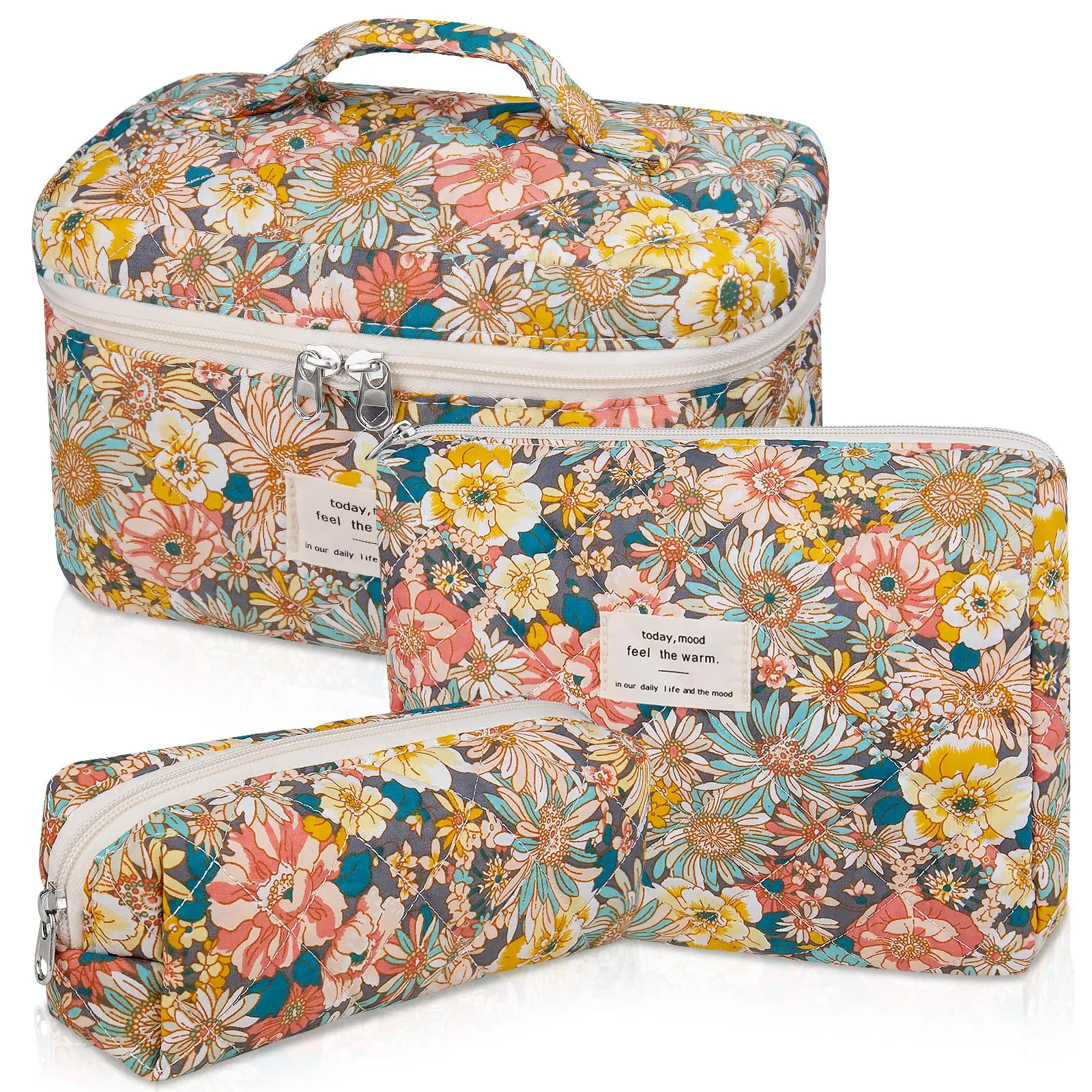 Makeup Bag Set, Quilted Makeup Bag, Large Floral Cosmetic Bag for Women, Cute Cotton Makeup Bags, Flower Travel Toiletry Organizer Bag (South Twigs Flower)