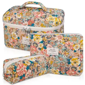 Makeup Bag Set, Quilted Makeup Bag, Large Floral Cosmetic Bag for Women, Cute Cotton Makeup Bags, Flower Travel Toiletry Organizer Bag (South Twigs Flower)