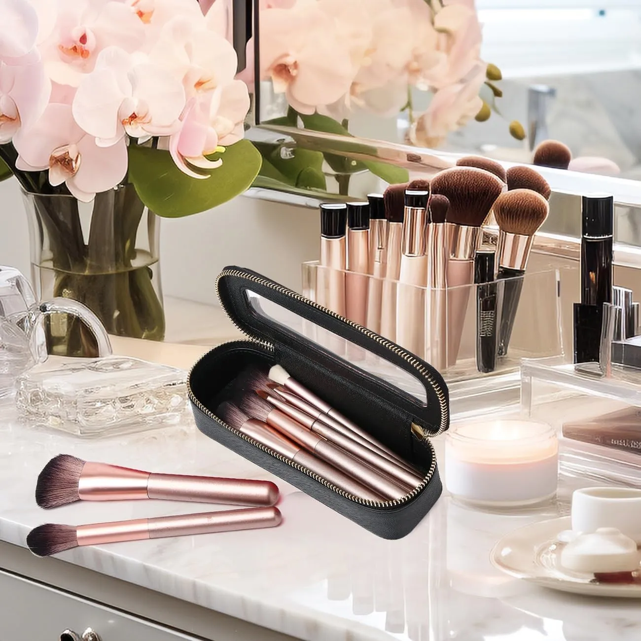 Makeup Brush Bag Slim Clear Makeup Bag Transparent Travel Cosmetic Case & Toiletry Bag with Zipper Small Beatuy Makeup Bag Purse Organizer for Women (Black, SLIM)