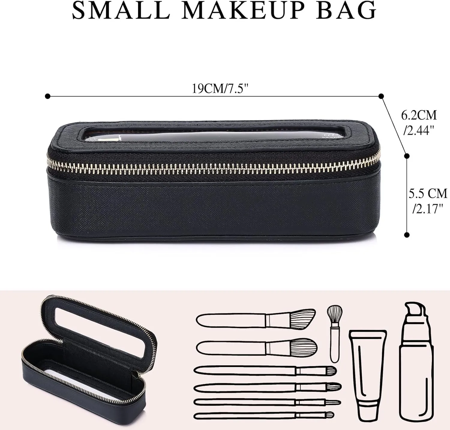 Makeup Brush Bag Slim Clear Makeup Bag Transparent Travel Cosmetic Case & Toiletry Bag with Zipper Small Beatuy Makeup Bag Purse Organizer for Women (Black, SLIM)