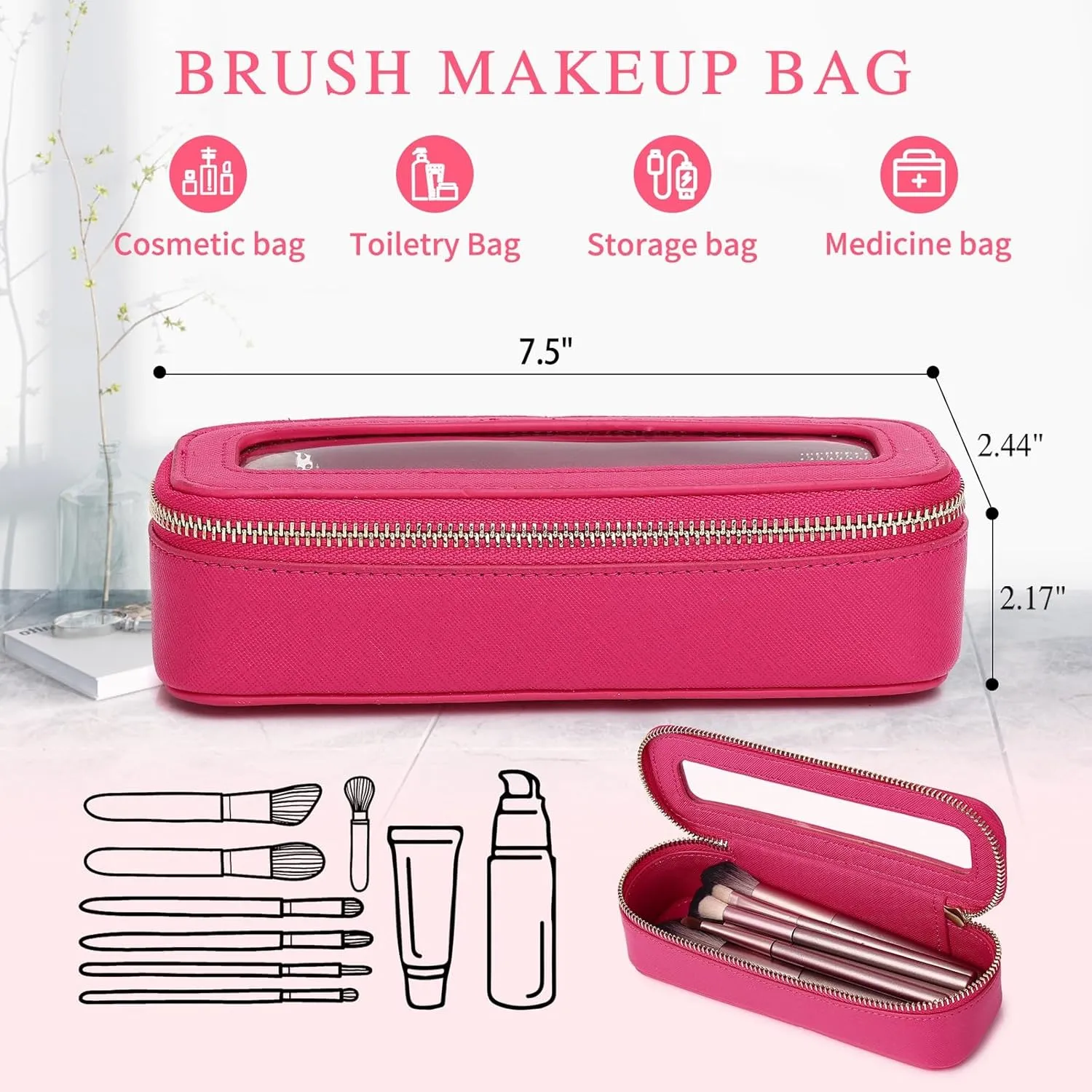 Makeup Brush Bag Slim Clear Makeup Bag Travel Cosmetic Case and Brush Holder Waterproof Toiletry Makeup Bag with Zipper Purse Organizer for Women (Fuxia, Slim)