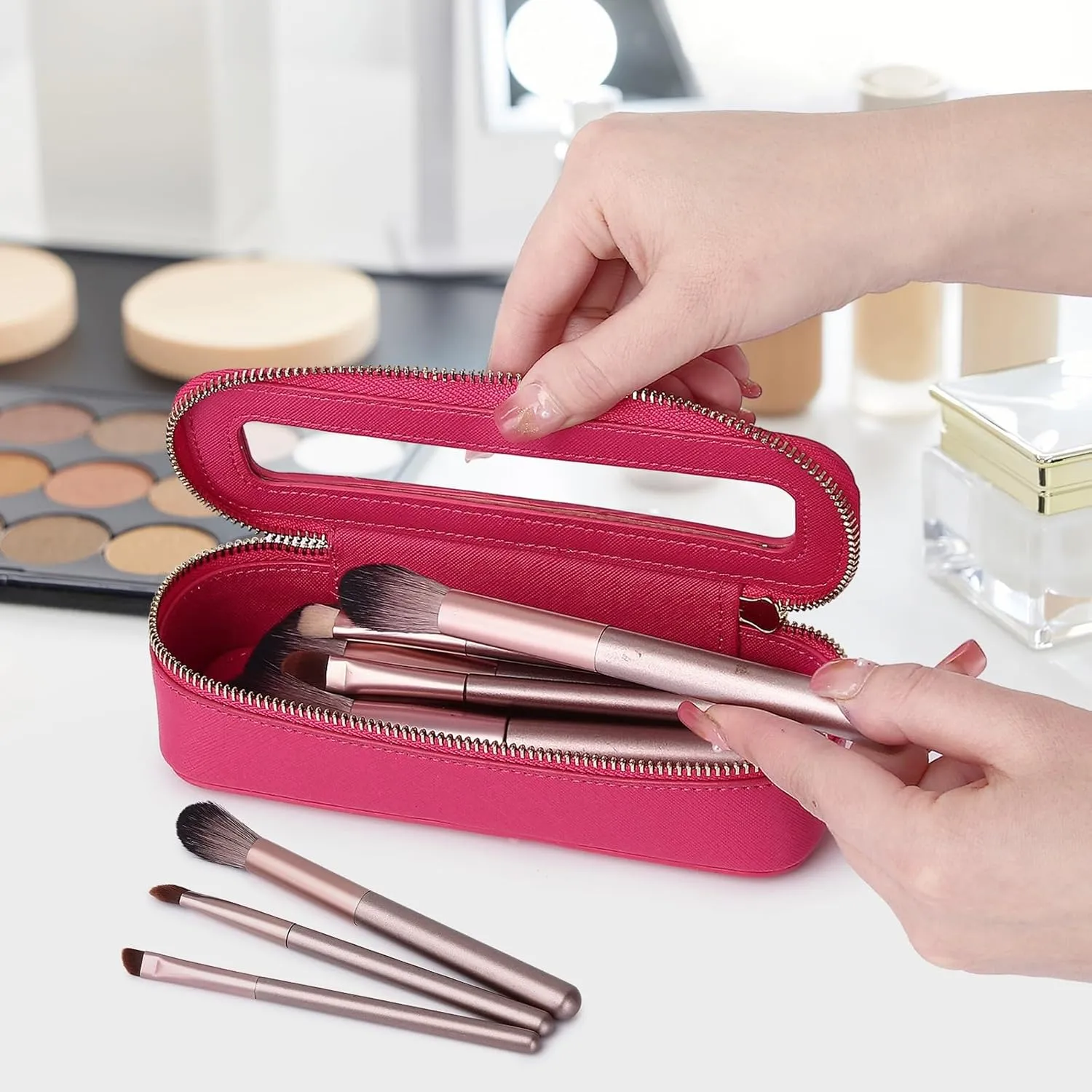 Makeup Brush Bag Slim Clear Makeup Bag Travel Cosmetic Case and Brush Holder Waterproof Toiletry Makeup Bag with Zipper Purse Organizer for Women (Fuxia, Slim)