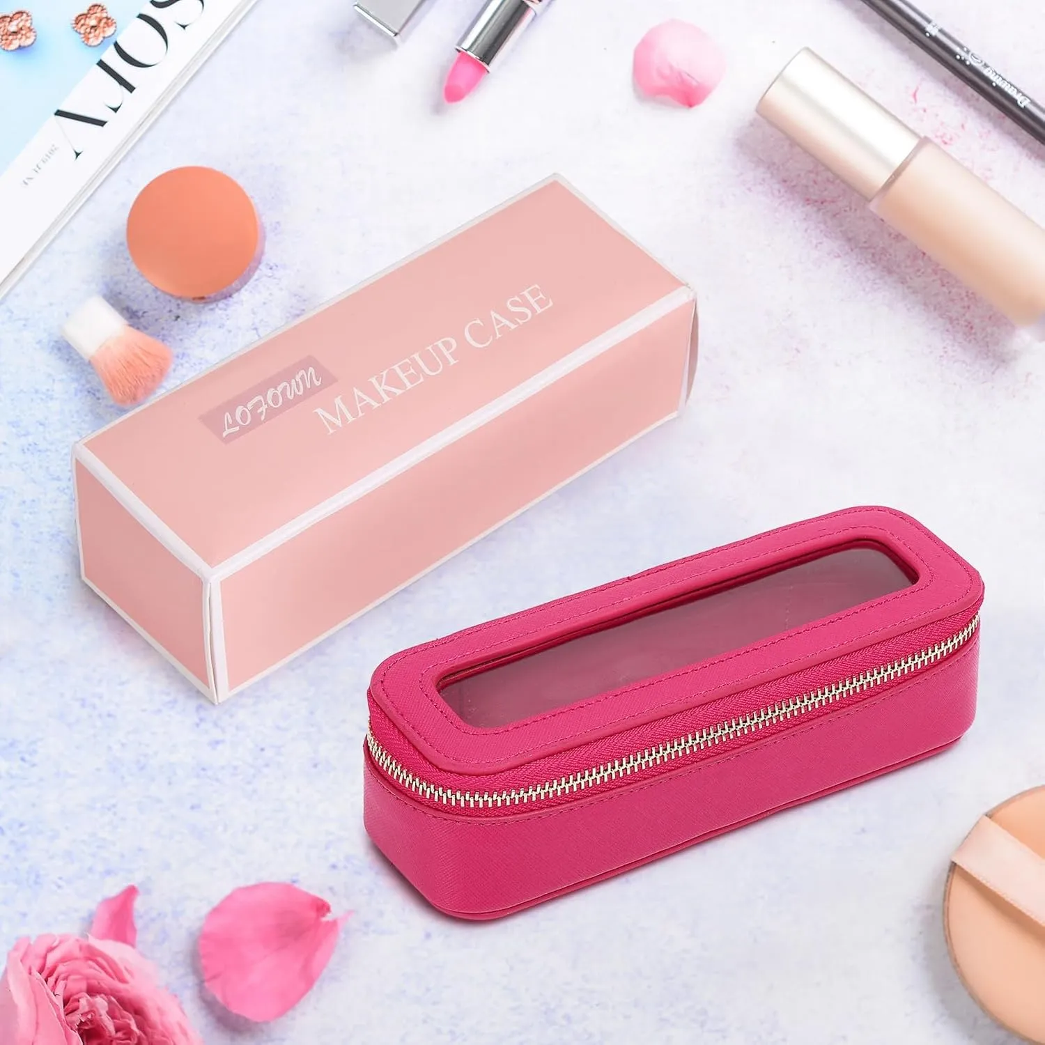 Makeup Brush Bag Slim Clear Makeup Bag Travel Cosmetic Case and Brush Holder Waterproof Toiletry Makeup Bag with Zipper Purse Organizer for Women (Fuxia, Slim)