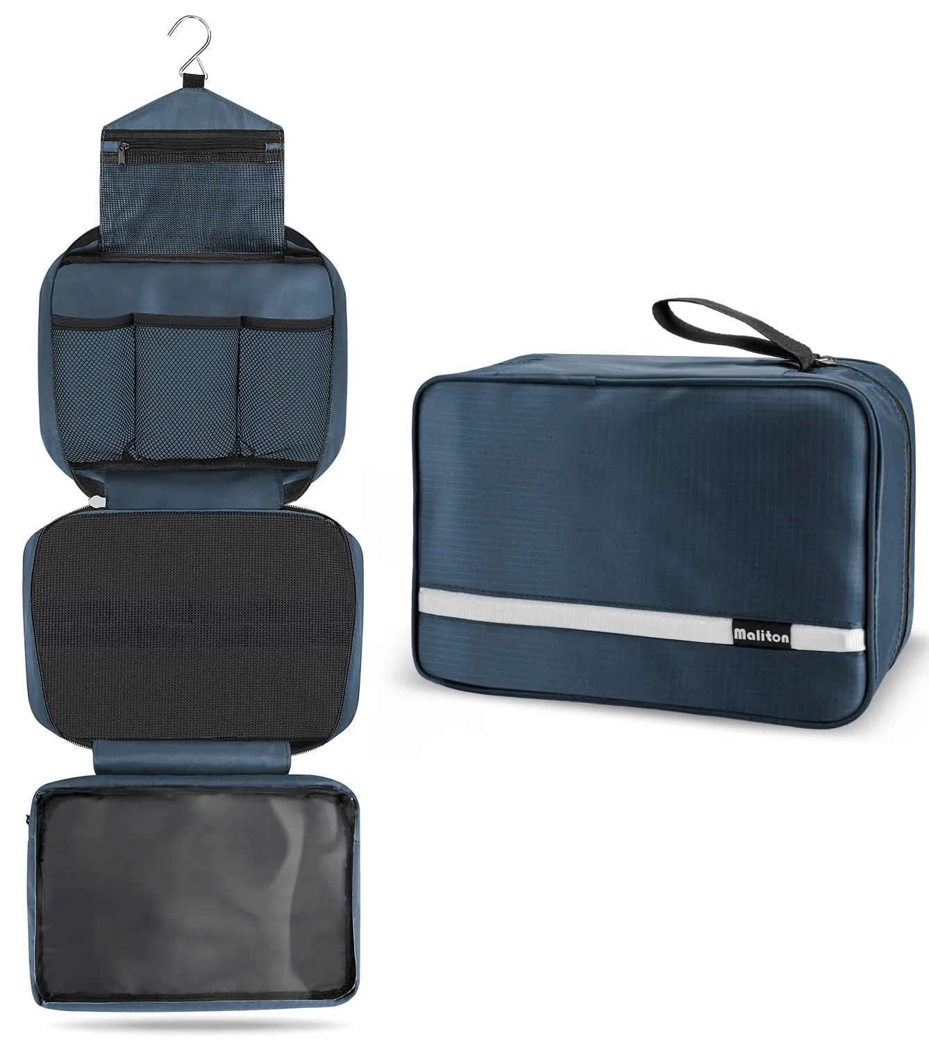 Maliton Hanging Toiletry Bag | Compact Travel Toiletry Bag for Men/Women | Foldable Mens Hygiene Bag with 4 Compartments| Waterproof Travel Bathroom Bag (Navy Blue)