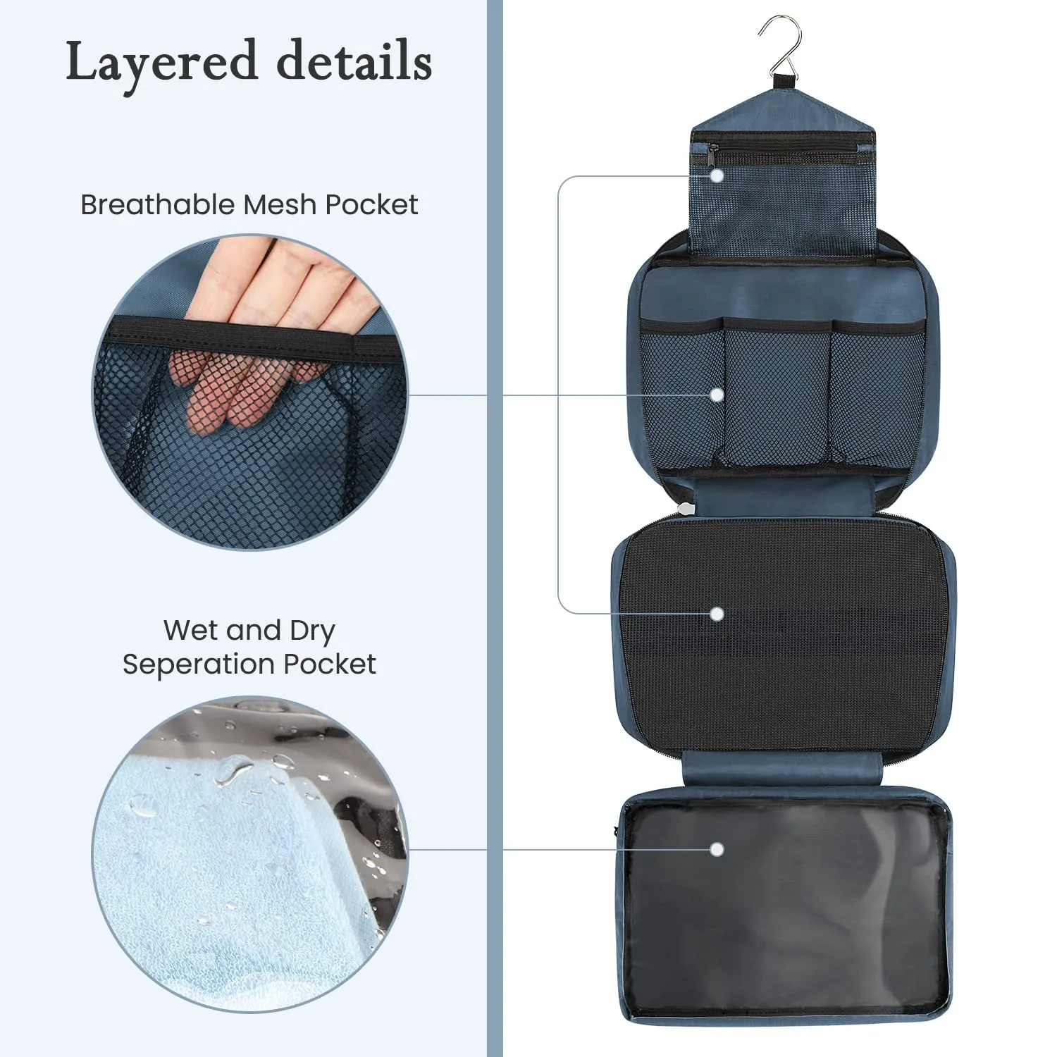 Maliton Hanging Toiletry Bag | Compact Travel Toiletry Bag for Men/Women | Foldable Mens Hygiene Bag with 4 Compartments| Waterproof Travel Bathroom Bag (Navy Blue)