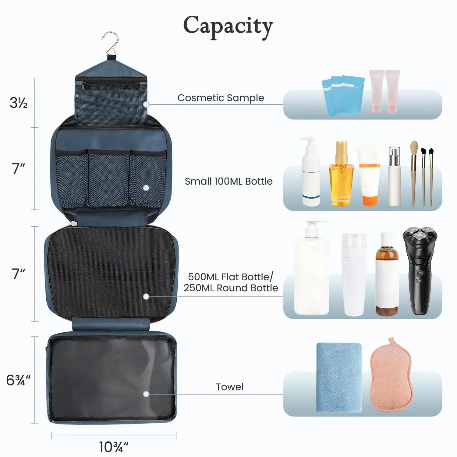 Maliton Hanging Toiletry Bag | Compact Travel Toiletry Bag for Men/Women | Foldable Mens Hygiene Bag with 4 Compartments| Waterproof Travel Bathroom Bag (Navy Blue)