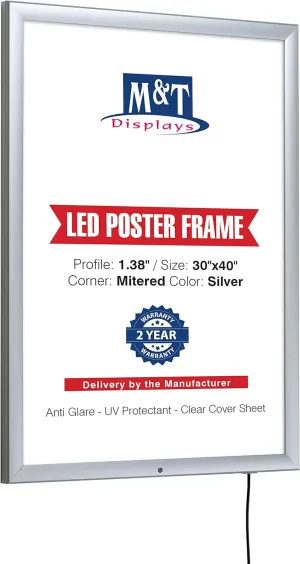 M&T Displays Lockable Weatherproof Smart Ledbox 1.38" Aluminum Profile Silver Snap Frame 30x40 inch Single Sided Document Brochure Sign Holder Front Loading Portrait Landscape